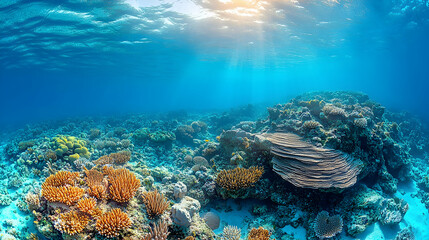 Obraz premium Underwater scene Sunlight filters through blue water onto a colorful coral reef teeming with marine life and sandy sea