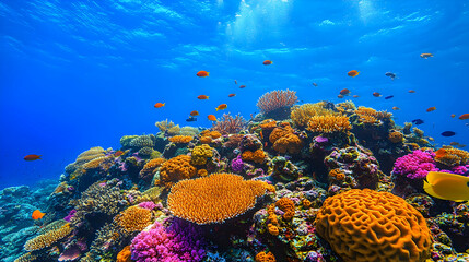Underwater scene with bright corals in various colors and shapes surrounded by many small colorful fishes in deep blue