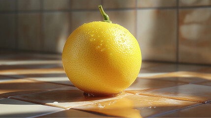 Fresh Lemon with Water Droplets on Tiled Surface – Bright Citrus Fruit in Natural Light