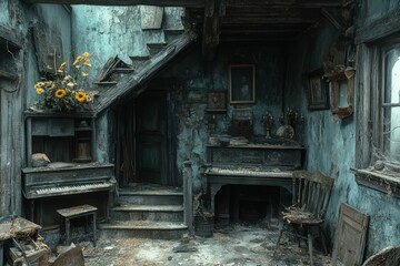 Decayed room shows beauty in aging decay.