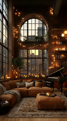 Warmly Lit Loft Interior Featuring a Comfortable Brown Sectional Sofa Black Piano and Cityscape View Through Large Windows