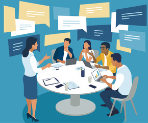 Discussion.  Meeting. People sit at a table and discuss.  Messages floating in the space around. Vector concept illustration.