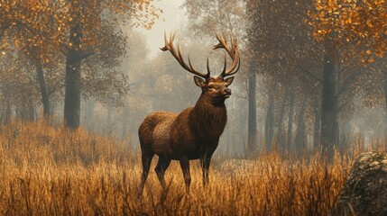 Majestic stag standing tall in an autumnal forest, bathed in soft golden light and mist.