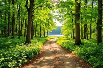 Sunlit forest path surrounded by vibrant green foliage leading to a peaceful lake in the distance, creating a refreshing and natural background. Ai generative