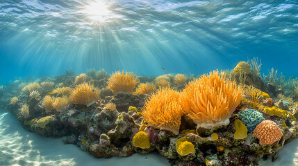 Underwater view of a vibrant coral reef with sunlight streaming through the water showcasing a diverse marine ecosystem