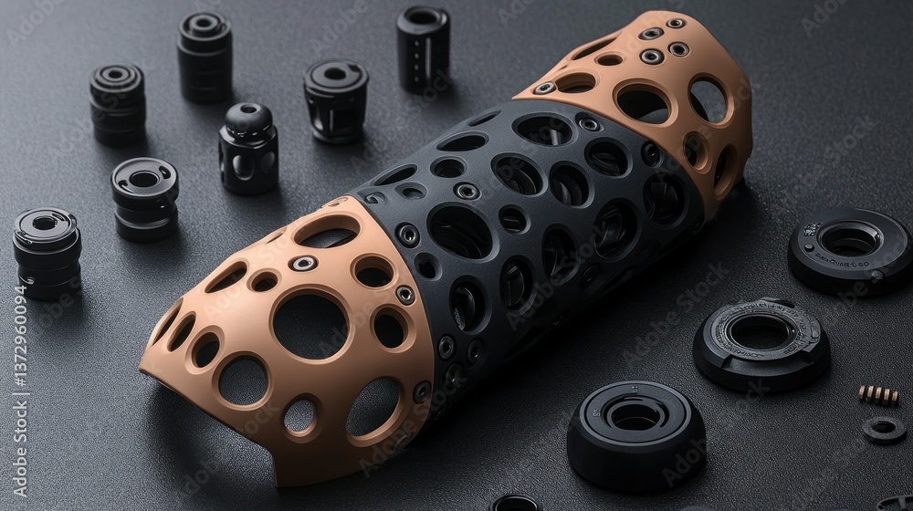 Aufkleber detailed view of various components, including a cylindrical part with a perforated design in two co
