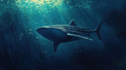 Naklejka premium Majestic whale shark gracefully gliding through a sun-dappled ocean