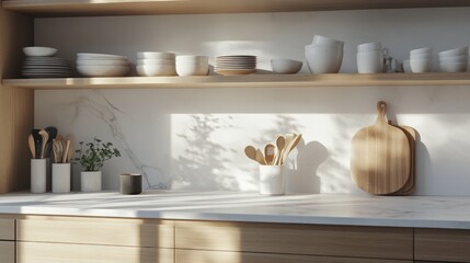 A sleek Scandinavian-style kitchen with white marble countertops