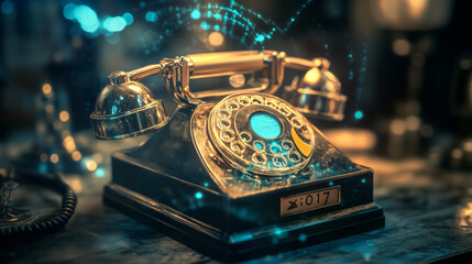 A conceptual blend of old and new--an old-fashioned desk phone suddenly lights up with futuristic visuals, symbolizing technological evolution