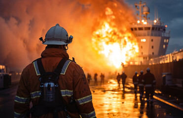 Firefighter observing blazing ship during emergency fire drill at industrial dockyard with crew responding in background