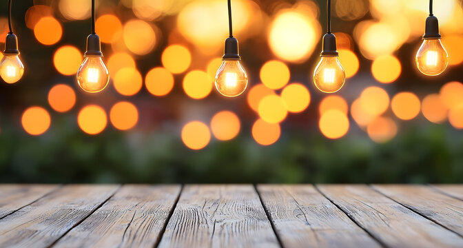 A captivating display of glowing light bulbs casting a warm ambiance, suspended against a blurred background of vibrant bokeh, with a wooden table providing a rustic foreground.