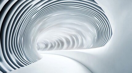 Naklejka premium A futuristic white tunnel with a curved path and ribbed walls creates a sense of depth and motion.