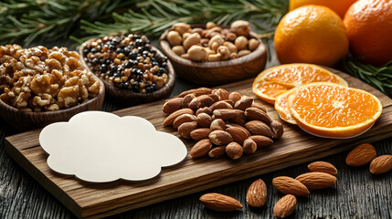 Obraz premium Variety of nuts orange slices on wooden board next to blank label Walnuts almonds hazelnuts juniper berries pine