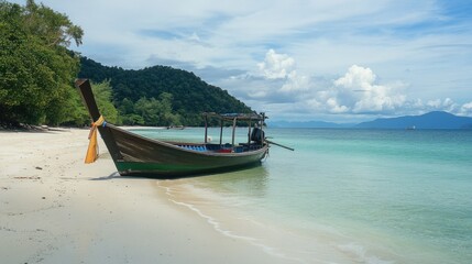 Fototapeta premium Longtail Boat on Sandy Beach with Tropical Greenery Scenery
