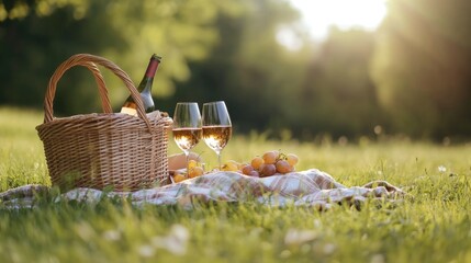 A cozy outdoor picnic with wine and fresh fruits under the warm afternoon sun. Perfect for romantic getaways or lifestyle concepts.