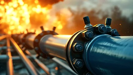 Detailed view of a high-pressure industrial pipeline system, its blue pipes and shut-off valves gleaming under artificial lighting, while a powerful explosion erupts in the distanc - Powered by Adobe