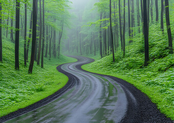 Obraz premium Winding Dark Path Through Green Forest with Lush Foliage and Tall Trees in Natural Outdoor Setting on a Foggy Day with Scenic Landscape