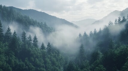 Fog Rolling Through Forest Valley with Mountain Range Backdrop