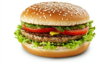 Delicious vegetarian burger close-up with fresh ingredients on sesame bun.