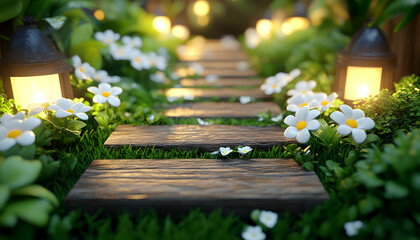 Obraz premium Wooden Pathway through a Lush Garden with White Daisies and Vintage Lanterns Warmly Lit in Soft Focus