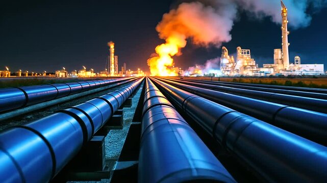 An oil refinery&rsquo;s pipeline network stretching for miles, with a section of interconnected blue pipes in the foreground, while a massive explosion in the distance disrupts the night