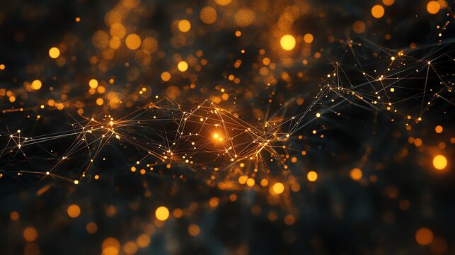 A network of interconnected nodes glows with a warm, golden light against a dark, bokeh-filled background.