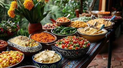 Fototapeta premium Cinco de Mayo, Vibrant Mexican Food Buffet Display Colorful Dishes of Salsa Rice and Tortilla Chips A Festive Outdoor Table Setting with Fresh Flowers