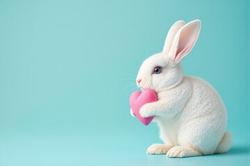 Fototapeta premium Cute white rabbit holding a pink heart on a pastel blue background. Fluffy fur and soft colors create a charming and heartwarming composition. Ai generative