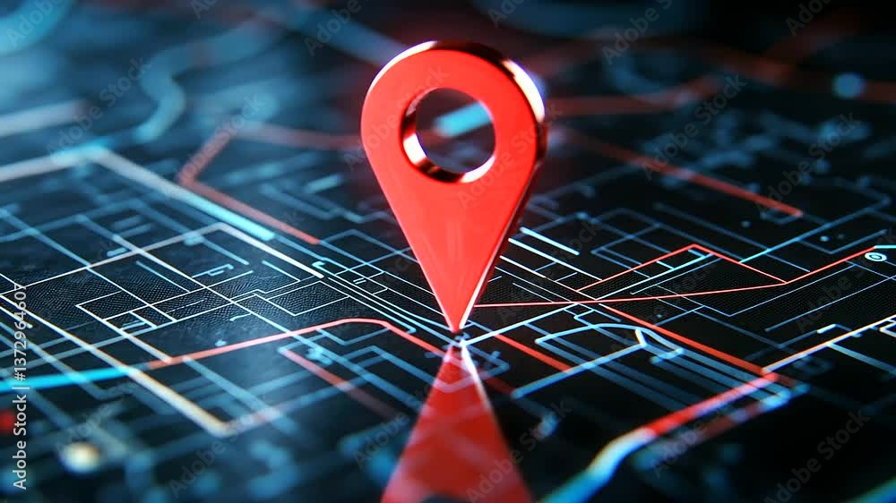 Poster a d-rendered close-up map with a bold red location pin at its center, surrounded by a maze of street