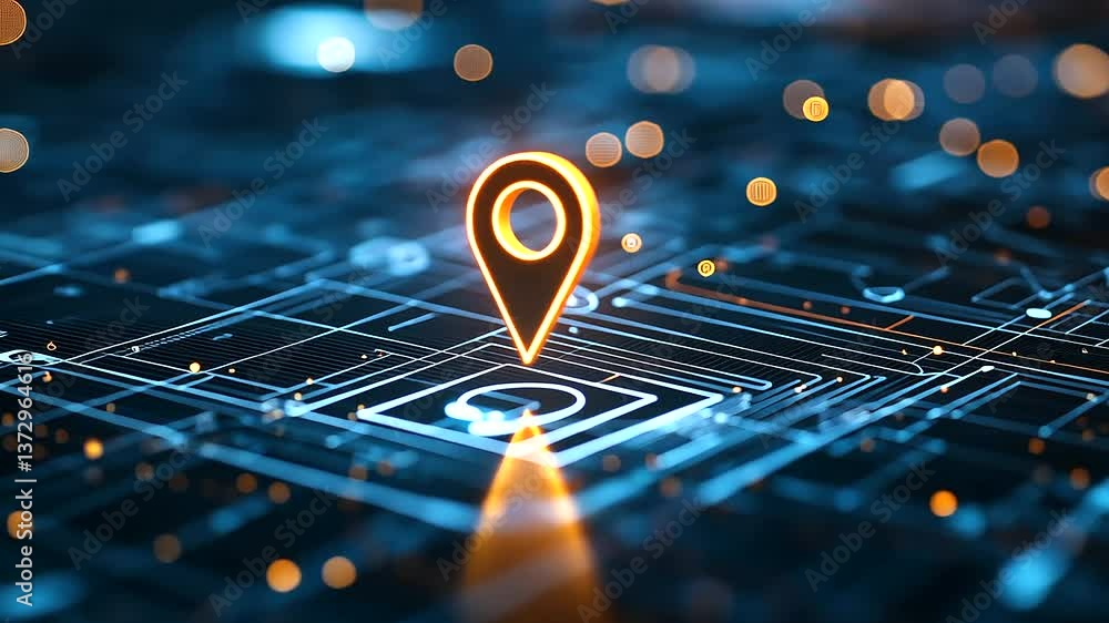 Poster a futuristic interactive map interface glowing with blue and white grid lines, a central golden loca