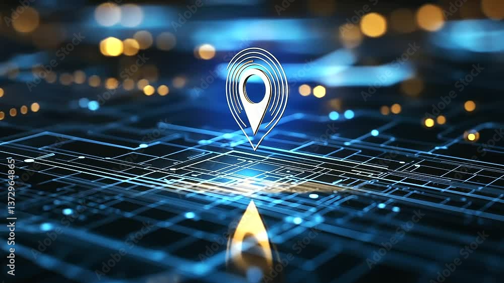 Poster a futuristic interactive map interface glowing with blue and white grid lines, a central golden loca