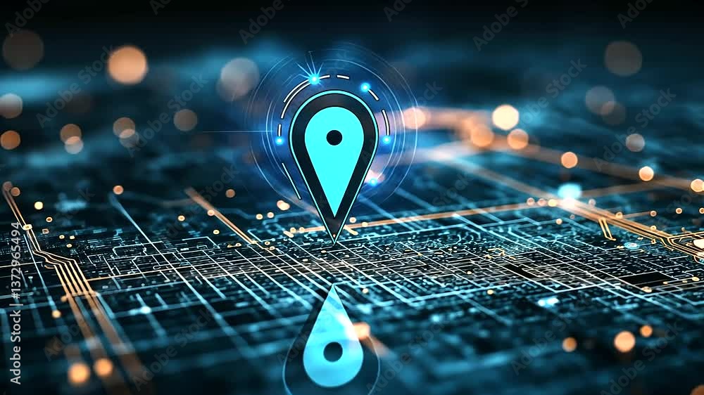Poster a gps navigation screen displaying a zoomed-in city grid, a striking blue location pin marking the u
