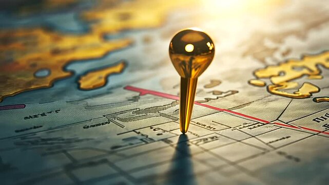 A close-up of a vintage world map, a small metallic gold pin marking a significant travel destination, surrounded by delicate compass markings.