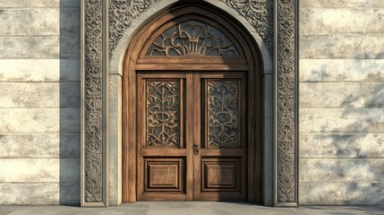 Detailed image depicts an ornate wooden door in sunlight
