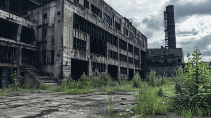Fototapeta premium Abandoned industrial factory building with broken windows, overgrown vegetation and dramatic cloudy sky.