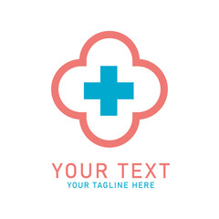 Fototapeta premium Medical Clover Cross Logo, Red Clover Shape with Blue Plus Symbol Design, Isolated on White