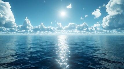 Serene Horizon with Sun Flare and Subtle Bokeh Over Calm Ocean Water and Clouds