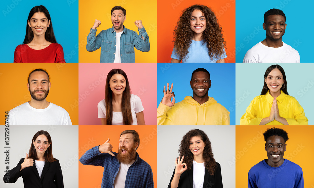 Poster A lively collection features diverse men and women displaying a range of joyful expressions. Set against bright backgrounds, they represent unity in their interactions.