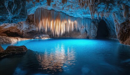 A breathtaking cave pool, illuminated by soft light filtering through stalactites