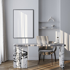 Poster mockup in a modern home office interior. Frame mockup with ISO A paper size. 3D illustration.