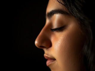 Close-up of a young Armenian woman in profile with dark hair and closed eyes against a black background.