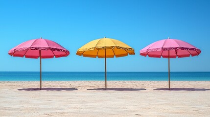 Colorful Umbrellas on a Sunny Beach with Soft Shadows and Warm Pastel Tones