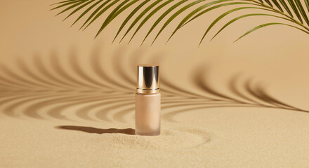 Cosmetic bottle with shadows on sandy background  