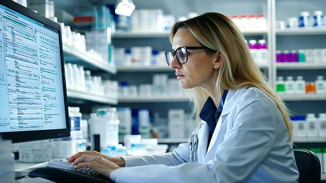 A dedicated blonde pharmacist with glasses, sitting at a modern pharmacy workstation, carefully reviewing patient records on a digital screen.