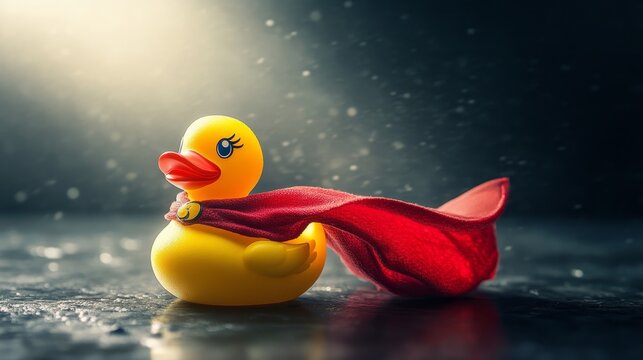 Yellow rubber duck with red cape stands in rain with