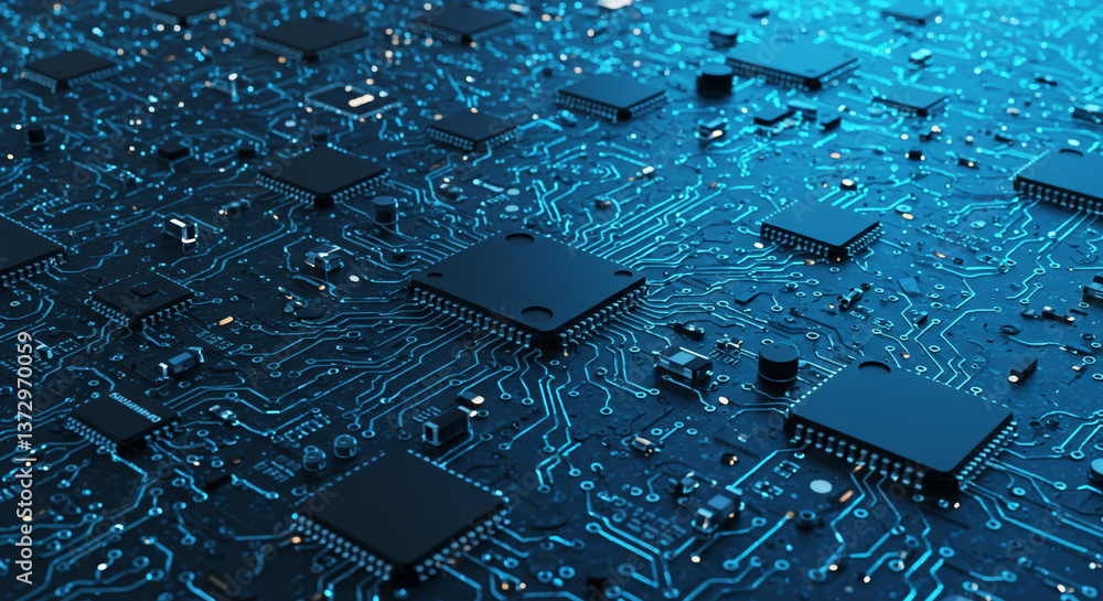 Poster a mesmerizing ocean of interconnected microchips, pulsating with digital energy in a deep blue, glow