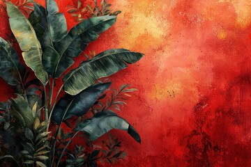 Vibrant Green Leaves Against Coral Background with Artistic Textures and Colors