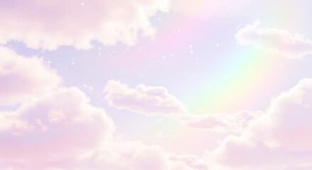 A dreamy pastel sky, soft clouds drift across a rainbow-hued expanse, sparkling with ethereal light, creating a serene and magical atmosphere.