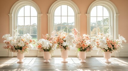 Elegant floral arrangements in blush pink vases, positioned before large arched windows, showcasing a variety of pastel-colored blooms