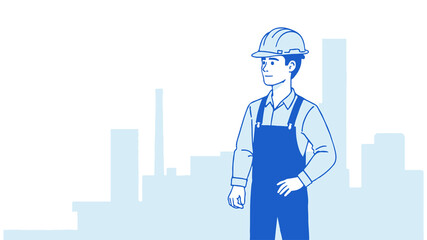 Worker engineer stands city. Blue uniform helmet safety. Construction industry building project. Minimal outline flat vector illustration.